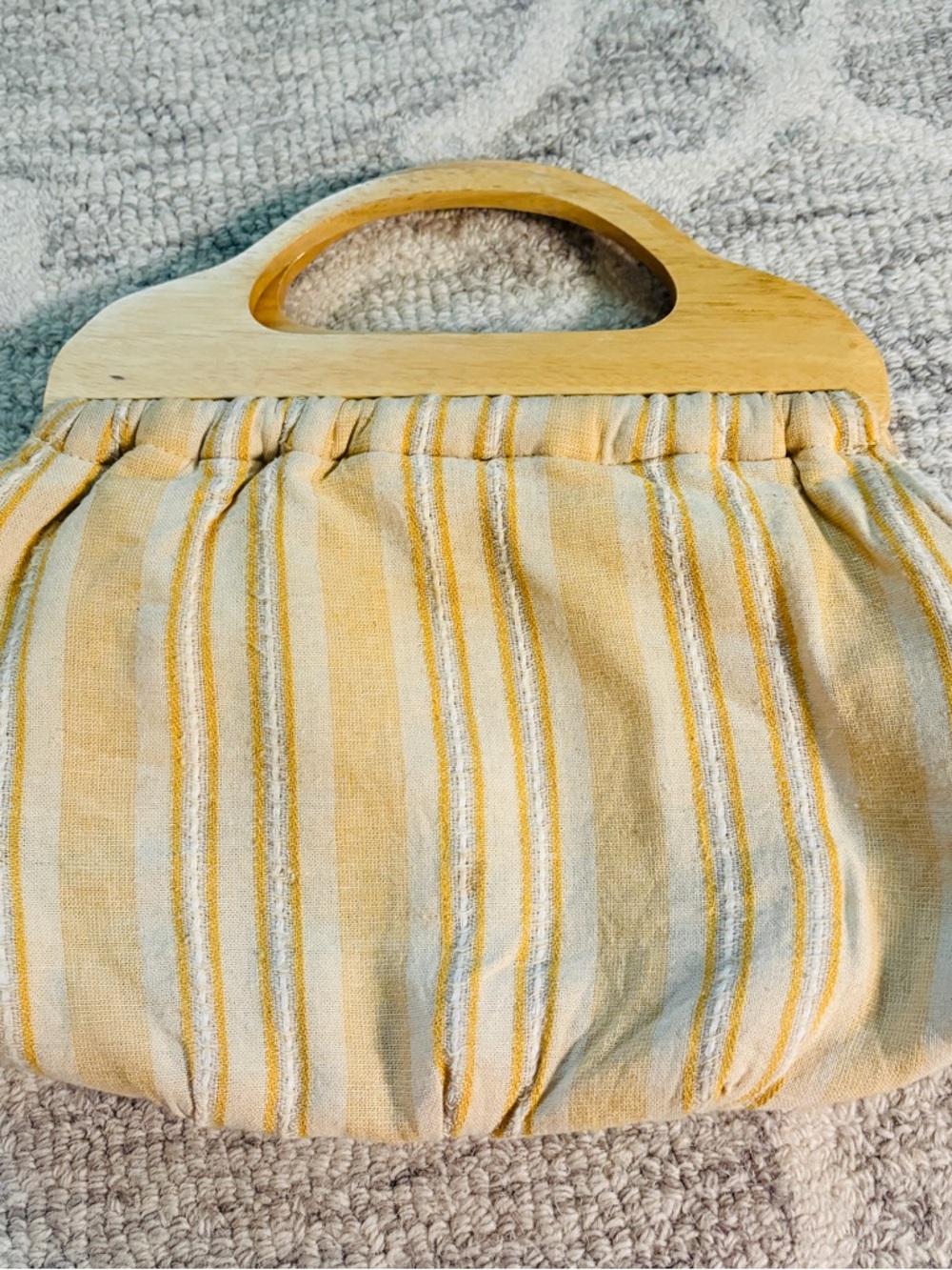 Banana Republic Wooden Handle Clutch Striped Linen Bag Yellow and Cream